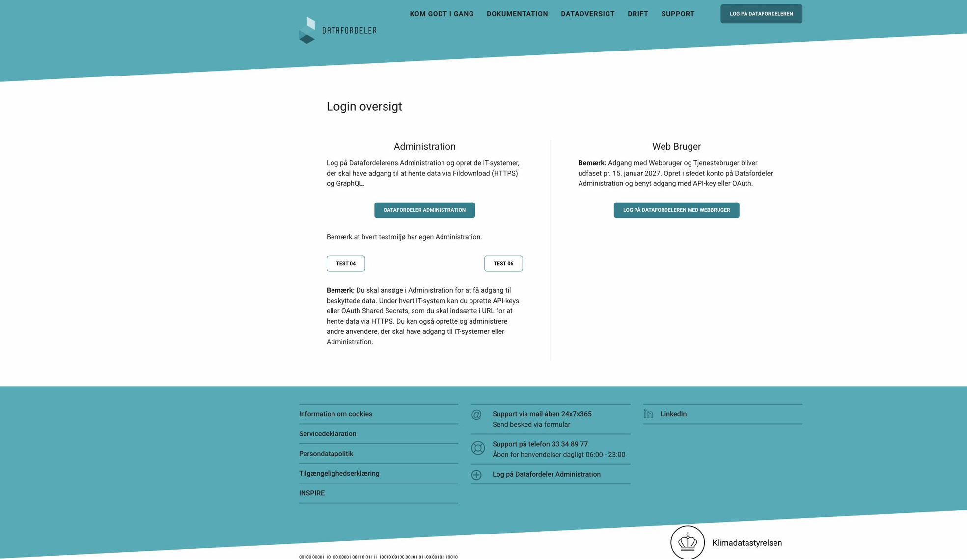 Loginoversigten med indgangen til Datafordeler Administration