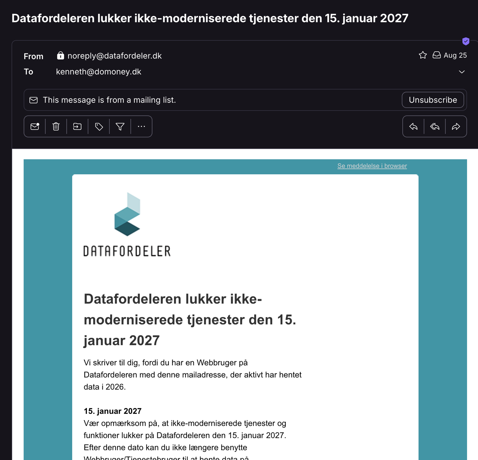 Datafordelerens e-mail med varslet om lukning 15. januar 2027