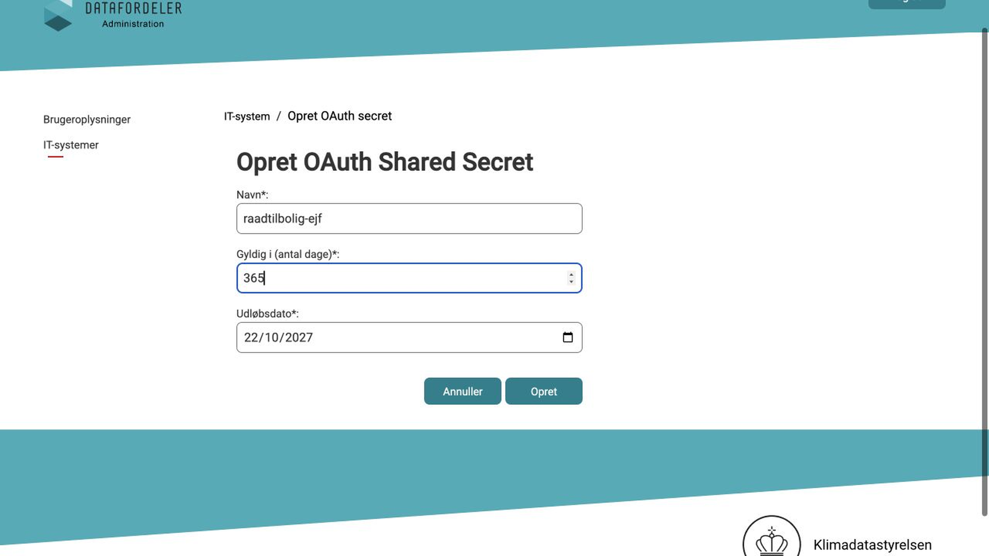 Navn og gyldighed på formularen til OAuth Shared Secret