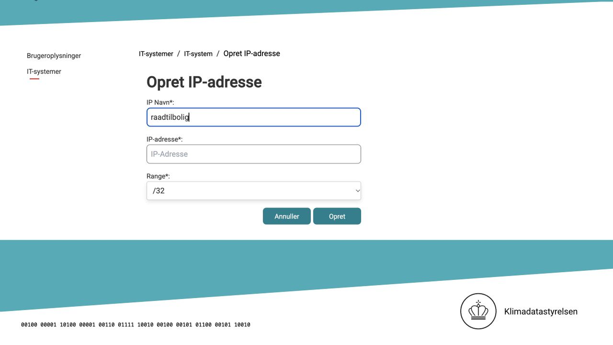 IP-formular med navn og /32 valgt; adressen er udeladt
