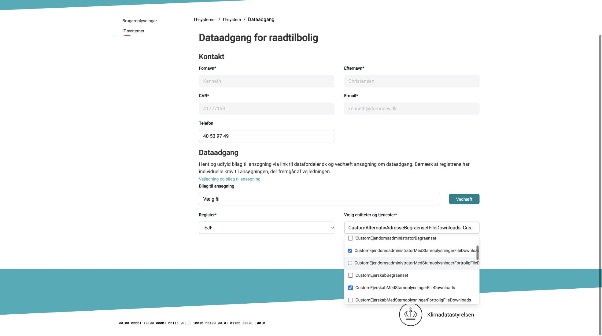 Ejerskab med stamoplysninger valgt i EJF-ansøgningen