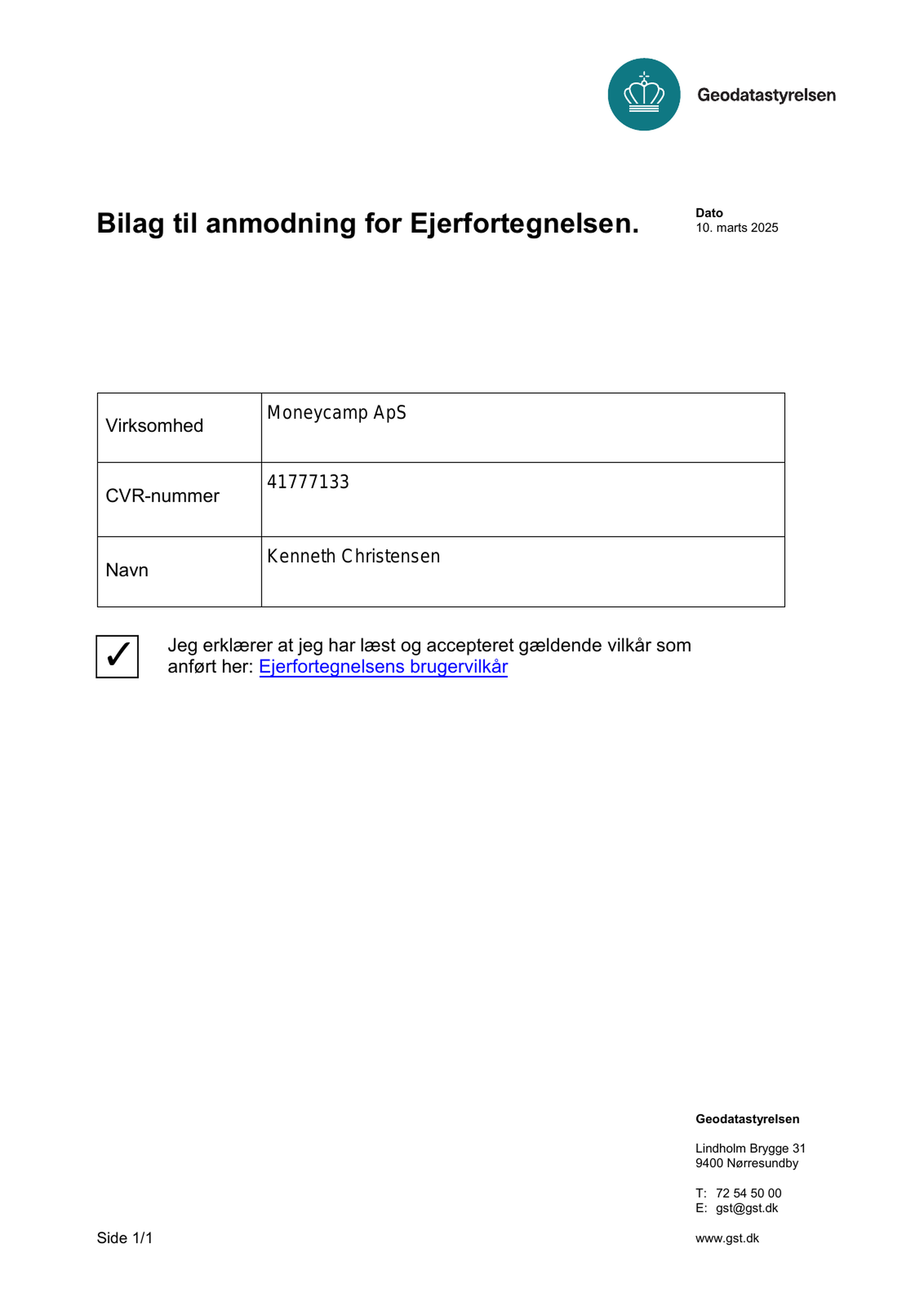 EJF-bilag med Moneycamp ApS, CVR, navn og accepterede brugervilkår