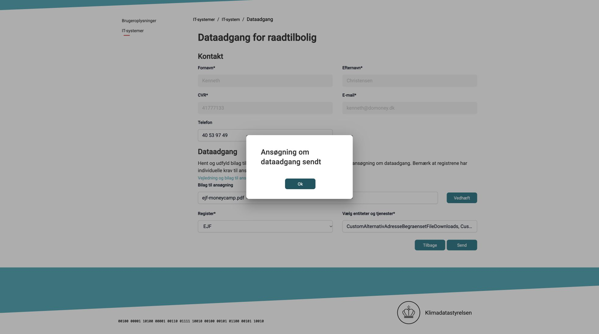 Portalens bekræftelse på, at EJF-ansøgningen er sendt