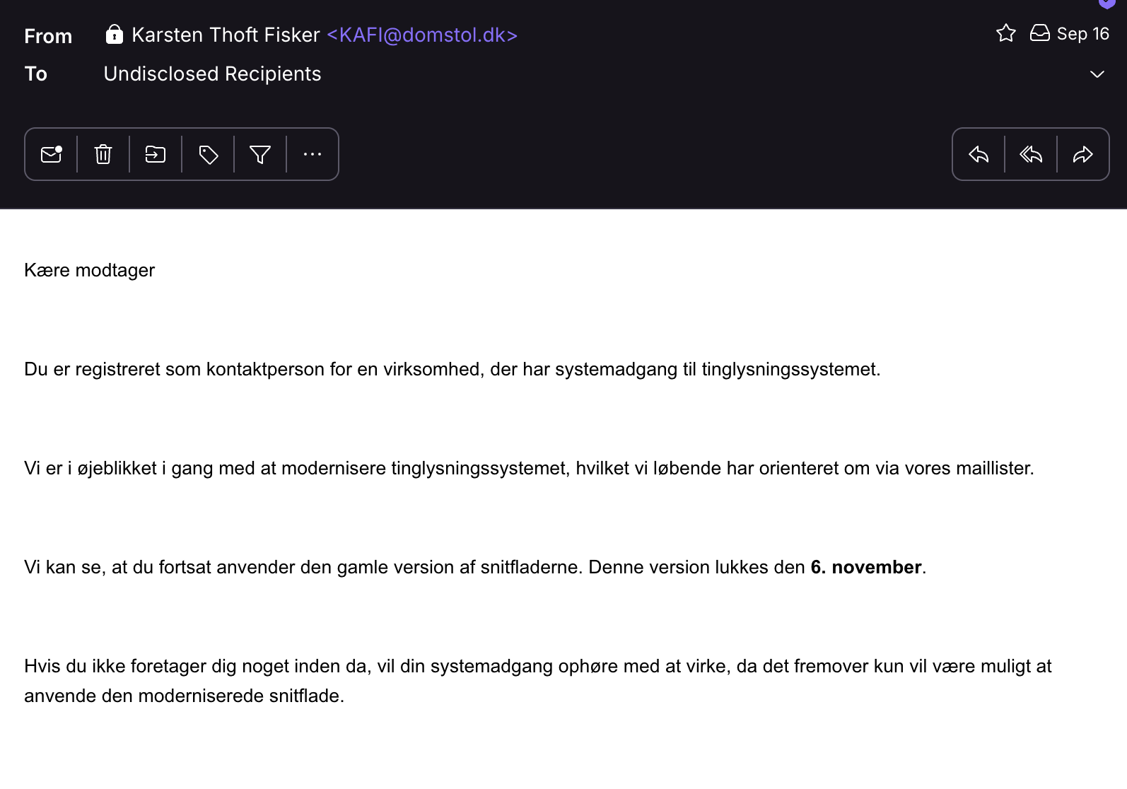 Varsling fra Tinglysningsretten: den gamle snitflade lukker 6. november