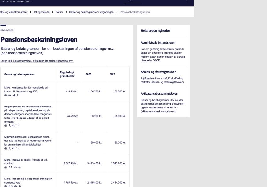 Skatte- og Vækstministeriets Pensionsbeskatningslovsside med dato og kolonneoverskrifterne 2026 og 2027