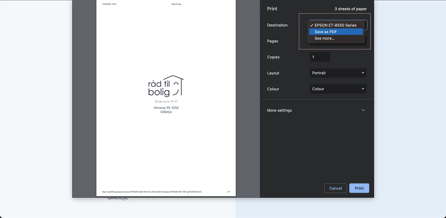 Gem som PDF print dialog