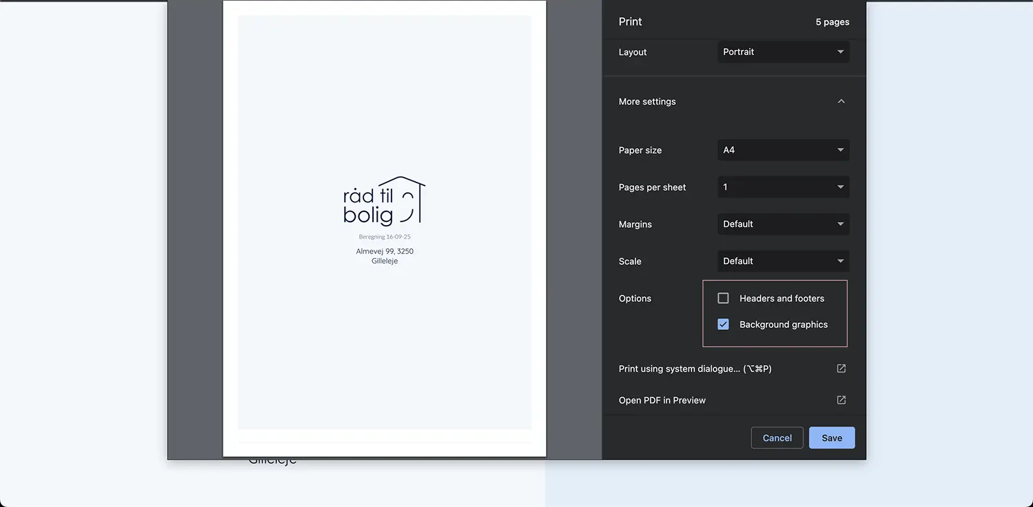Indstillinger for PDF print dialog