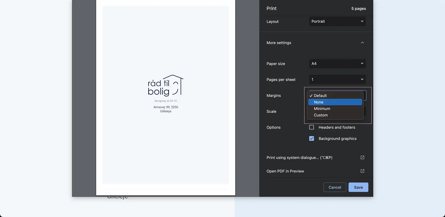 Margener for PDF print dialog