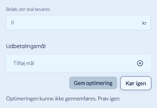 Fejlbeskeden, den deaktiverede gemmeknap og Kør igen
