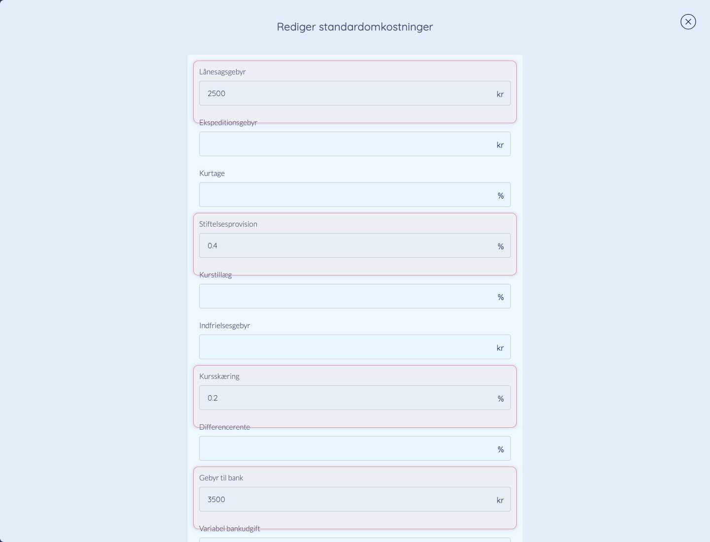 Angiv tilpassede omkostninger