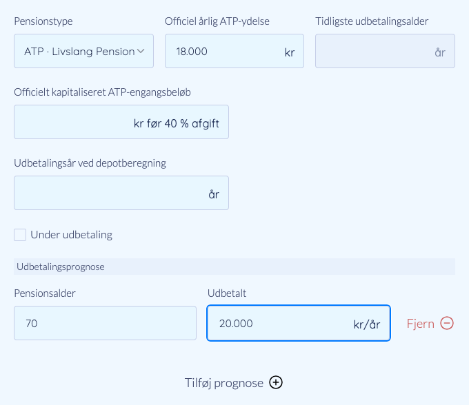 En prognoselinje med pensionsalder og årlig udbetaling