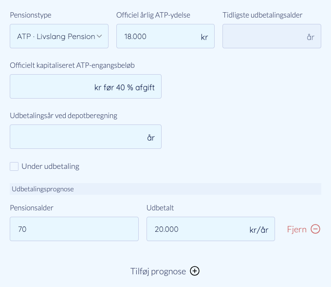 Den gemte ATP-ydelse og prognoselinje